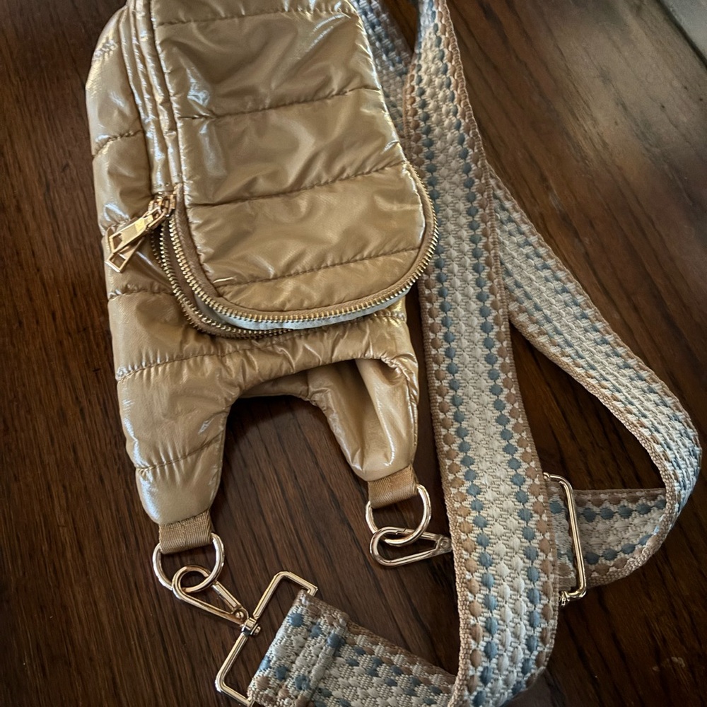 Quilted Crossbody Sling Bag in Metallic Beige - Waterfull